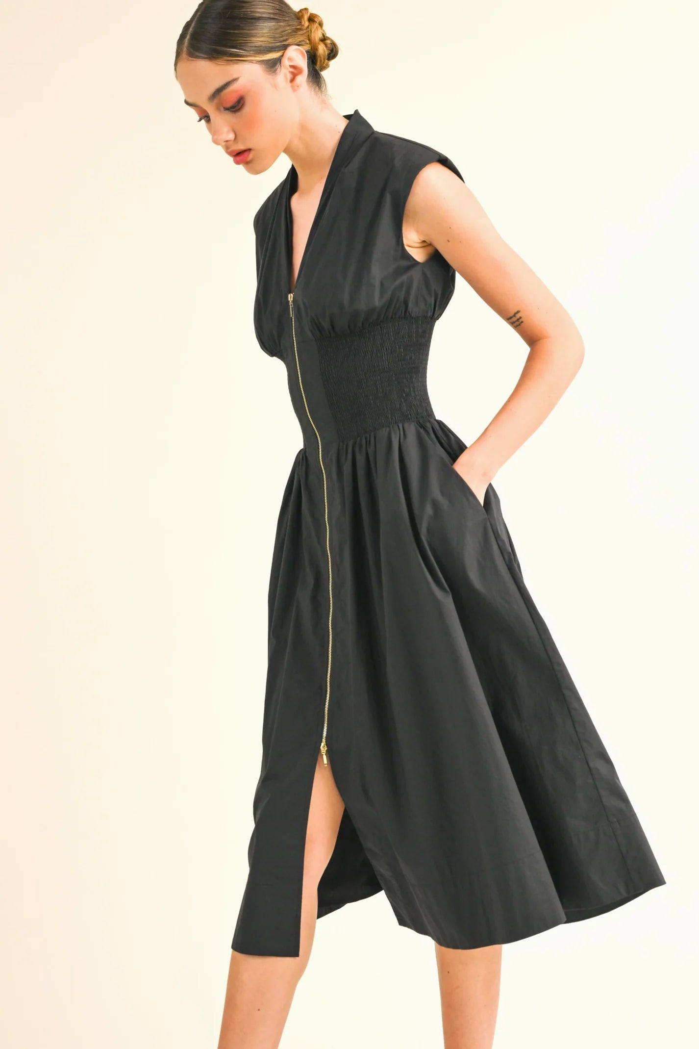 V-Neck Zip-Up Dress - Olive