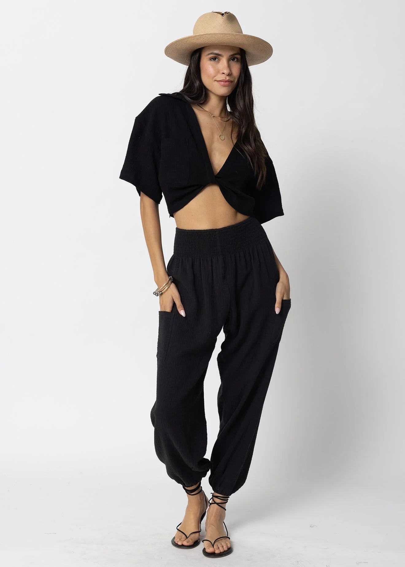 Front Knot Linen Shirt ,Black