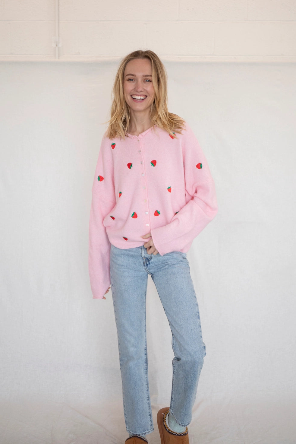 Piper Cardigan - Pink w/ Strawberries