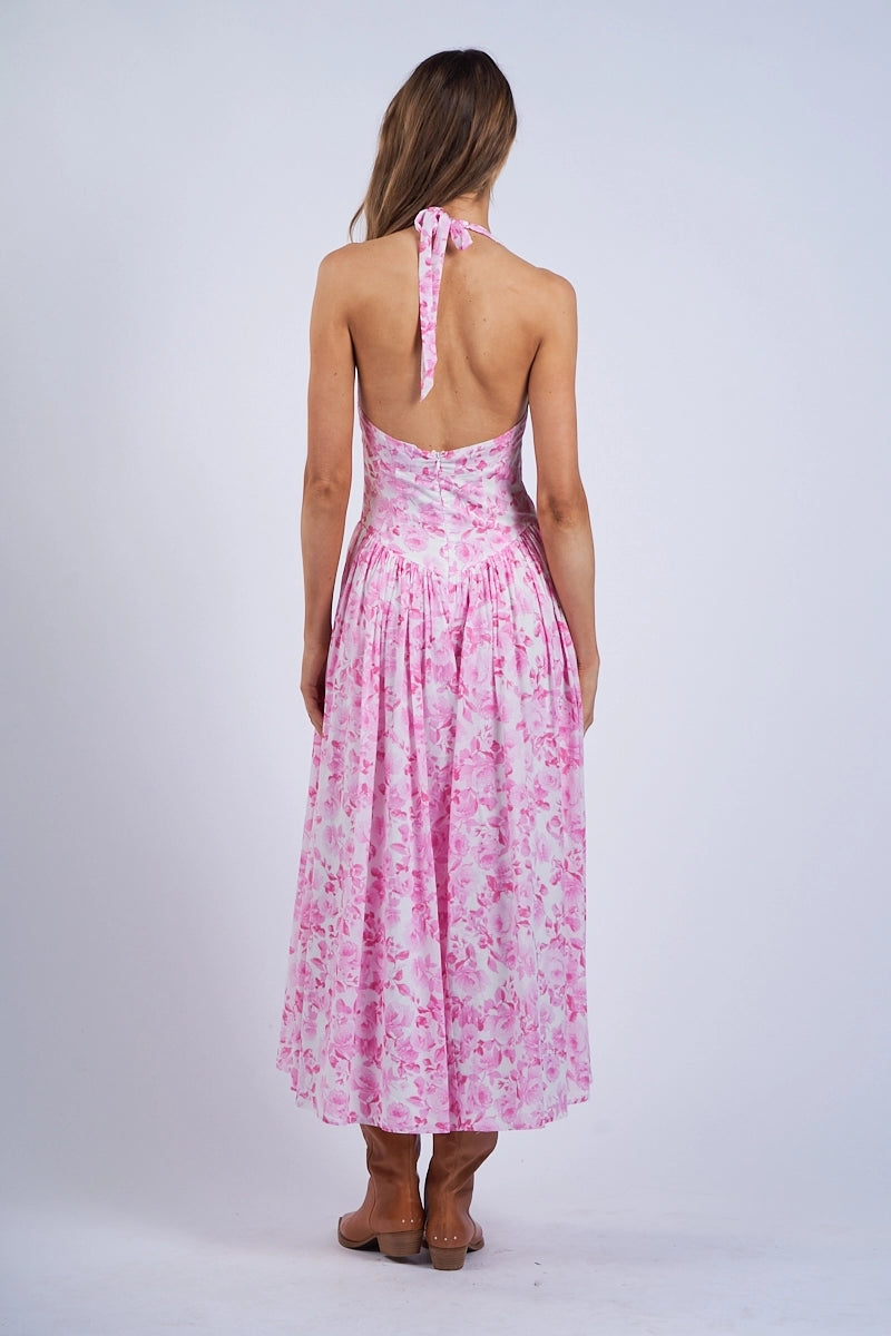 Pink Floral Halter Midi Dress