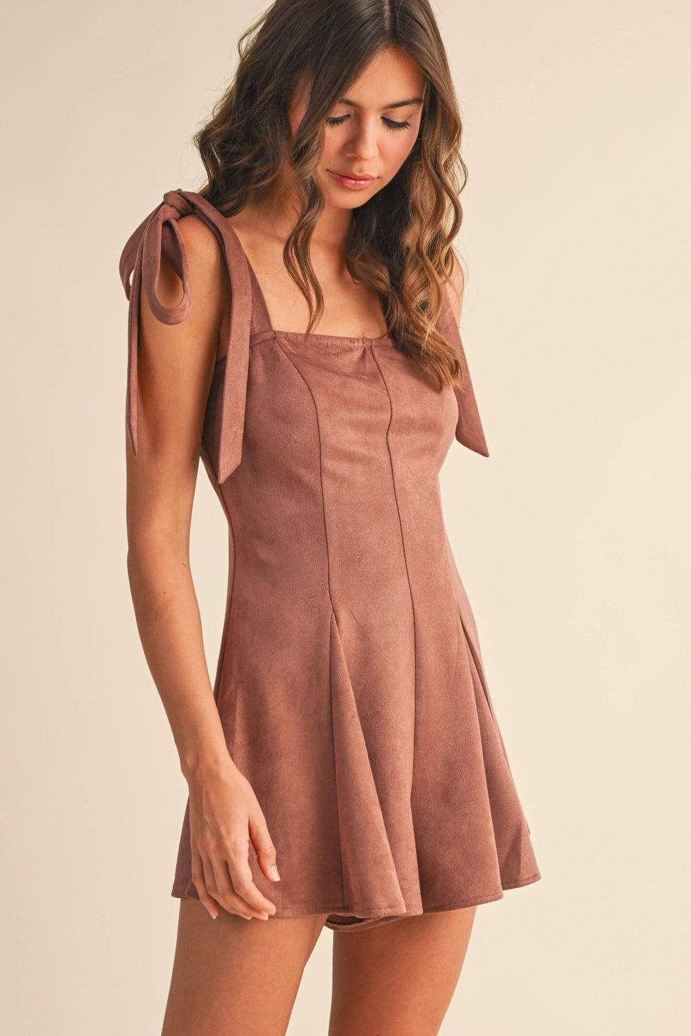 Suede Tied Shoulder Romper - Dark Rose