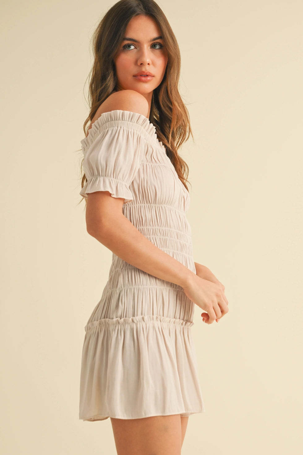 Puff Sleeve Off Shoulder Smocking Dress - Navy
