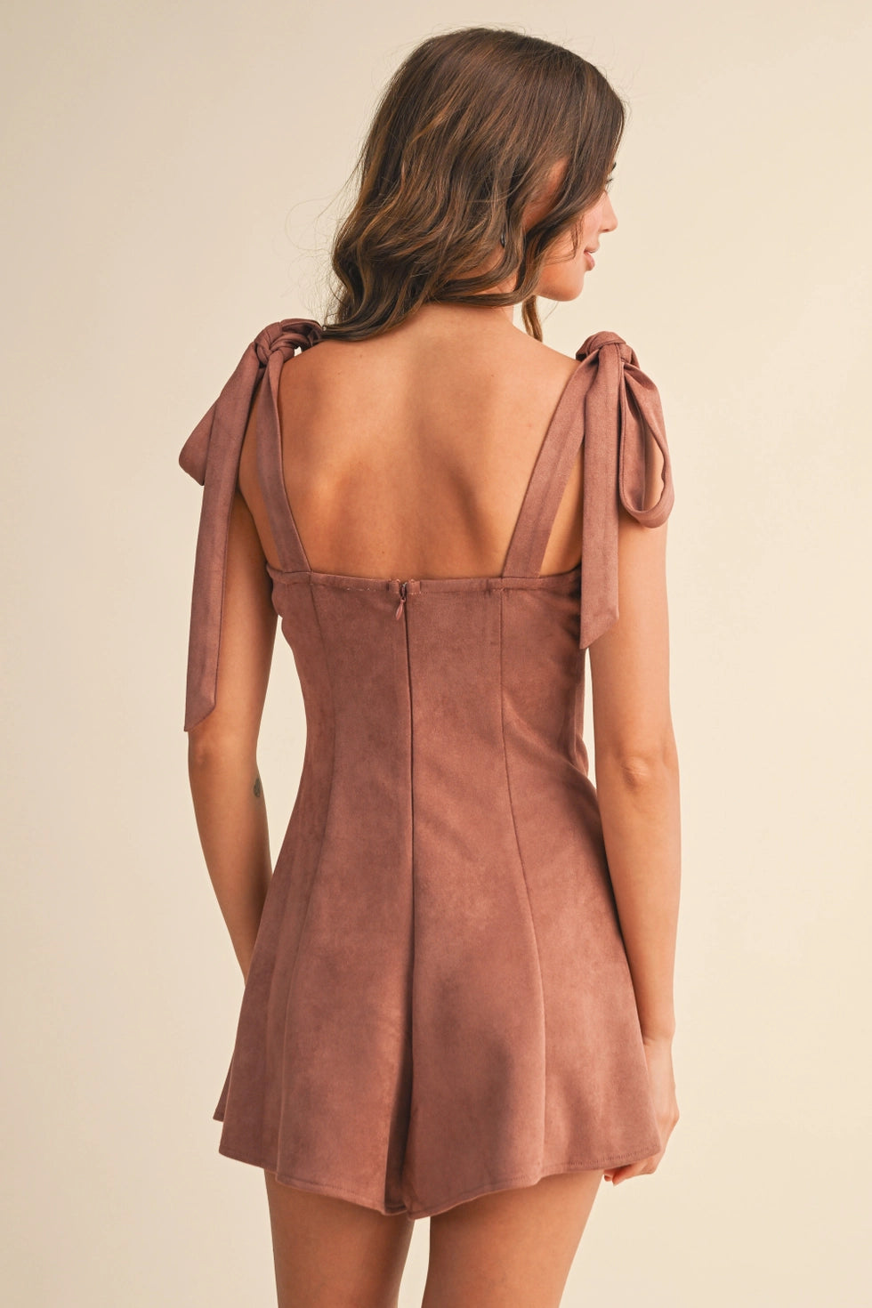 Suede Tied Shoulder Romper - Dark Rose