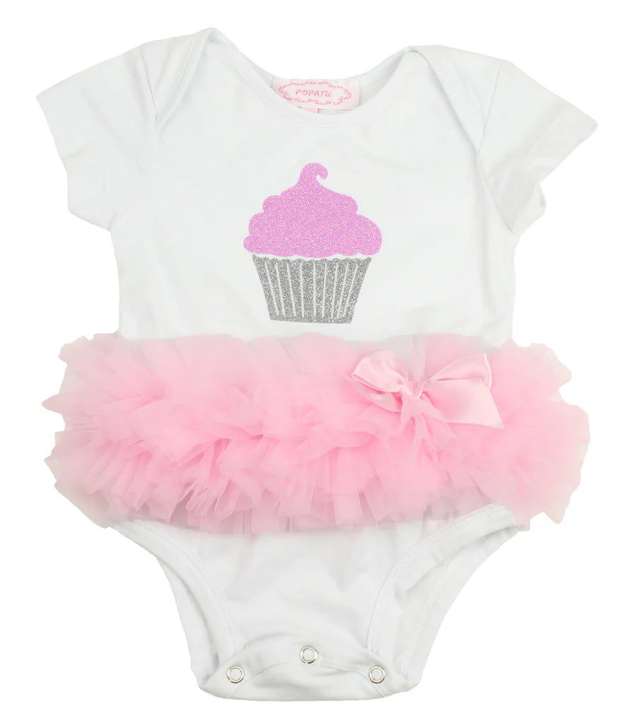 Cupcake Ruffle Onesie- pink/silver
