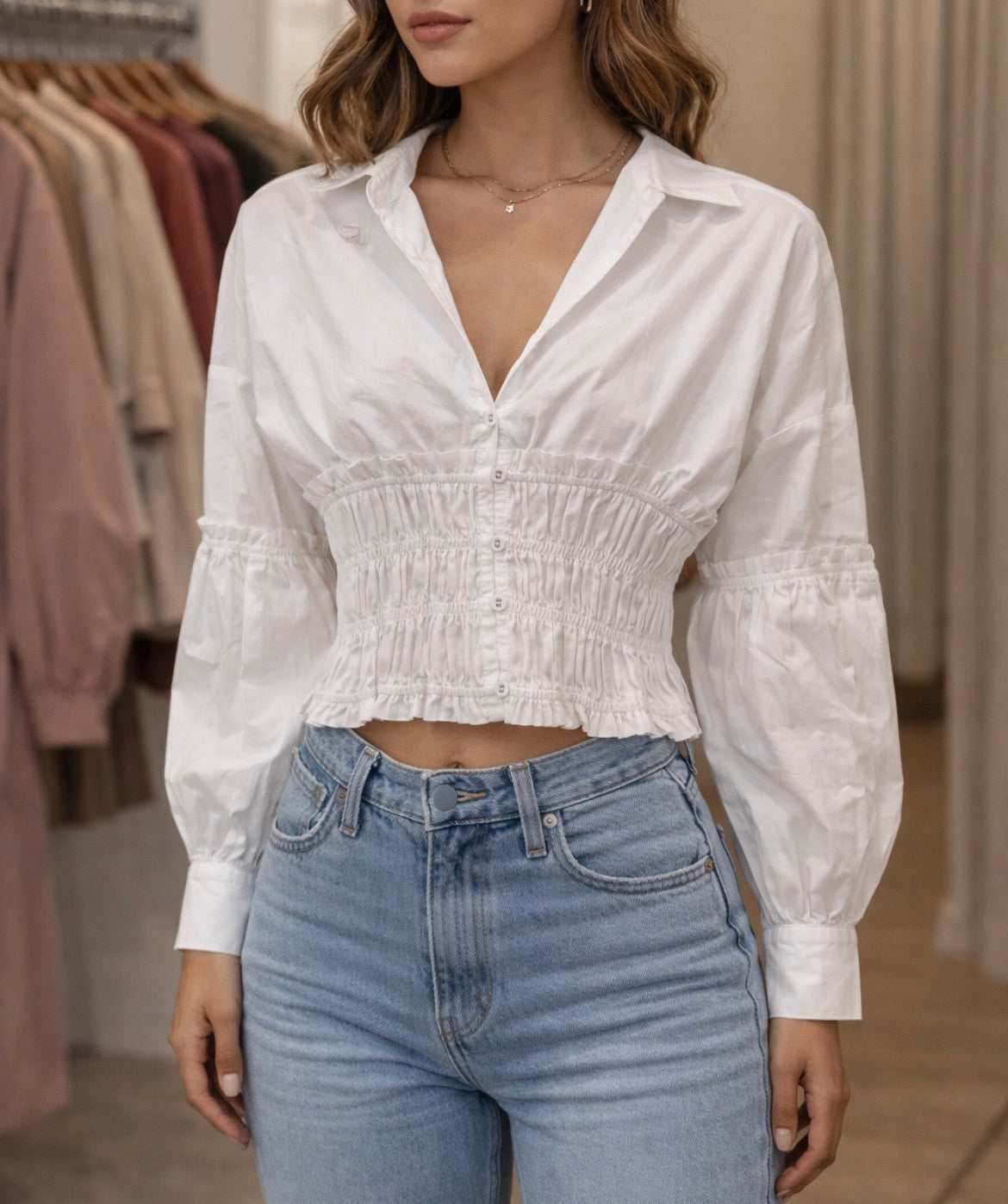 She Means Business Smocked Button Up