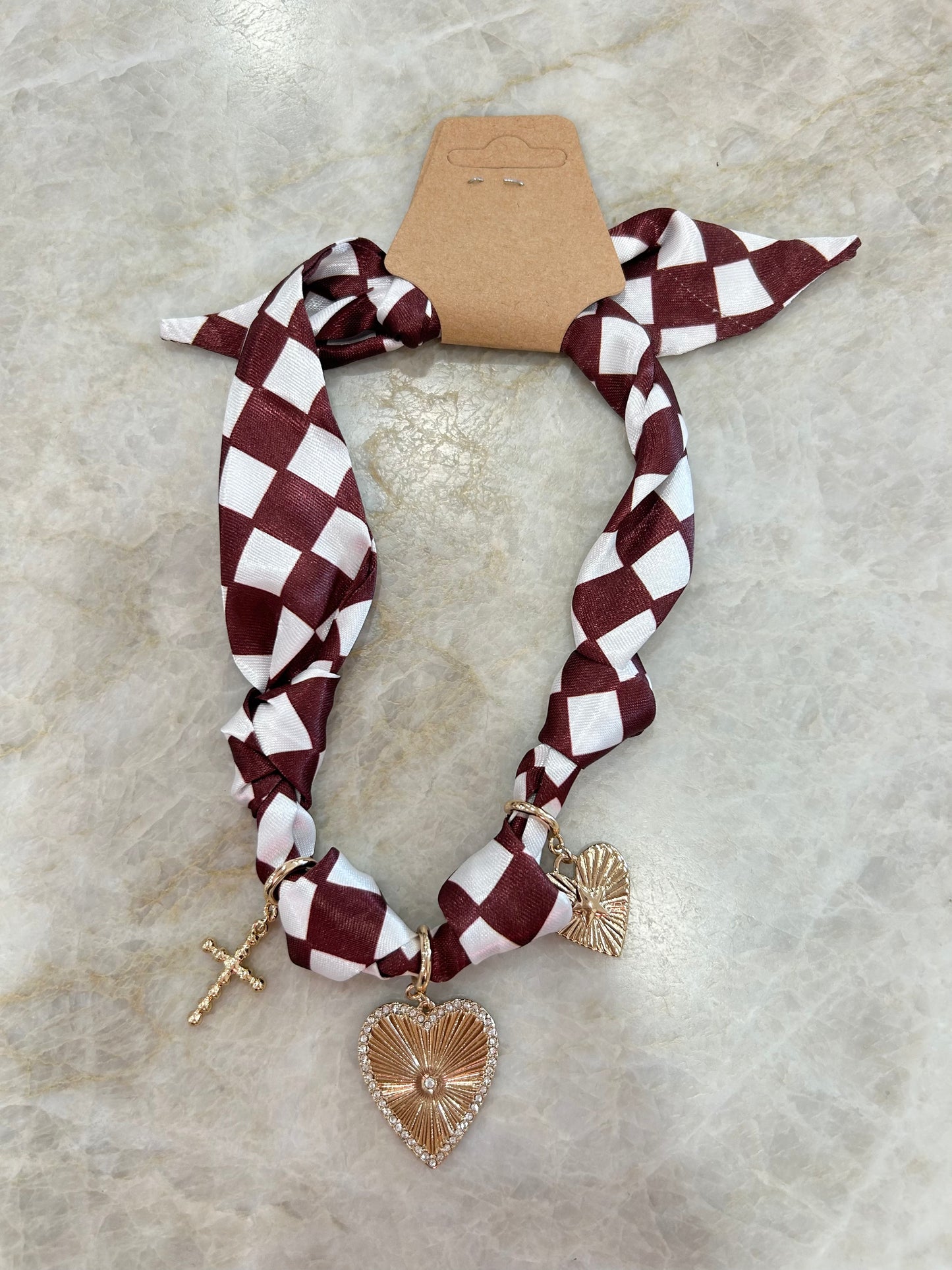 Maroon/White Gameday Scarf Necklace w/ Charms