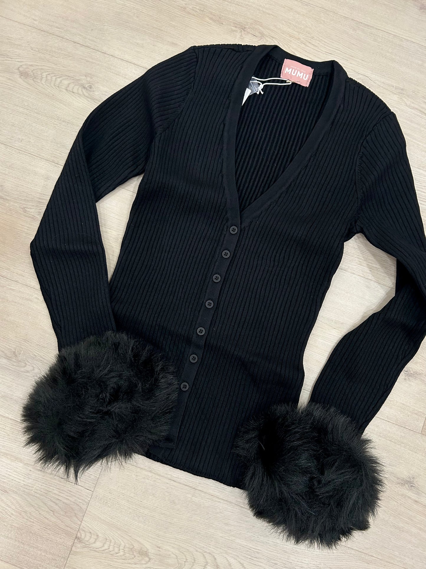 Sasha Top, Black Knit Faux Fur