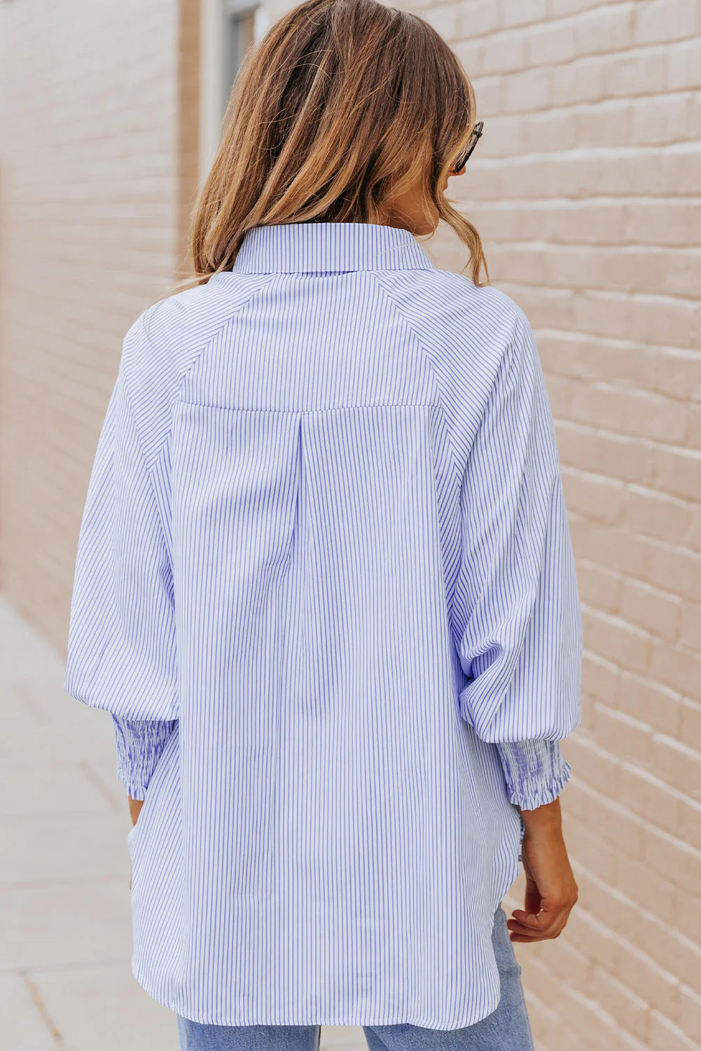 Cuffed Striped Boyfriend Shirt Sky Blue