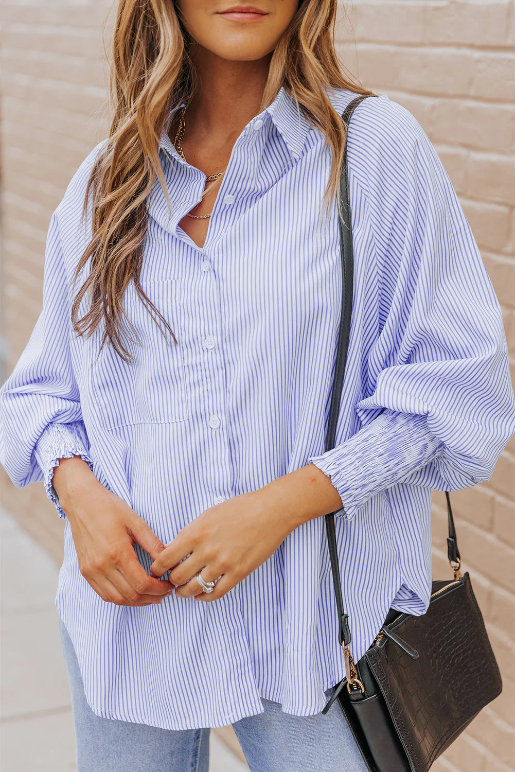 Cuffed Striped Boyfriend Shirt Sky Blue