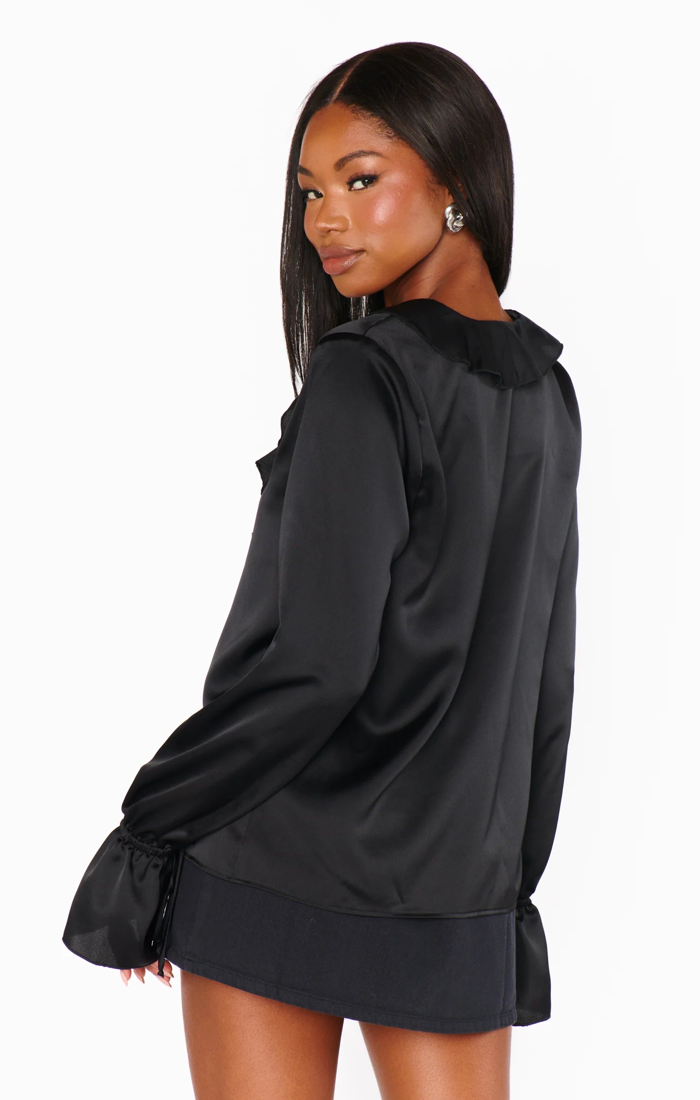 Adela Ruffle Top Black Luxe Satin