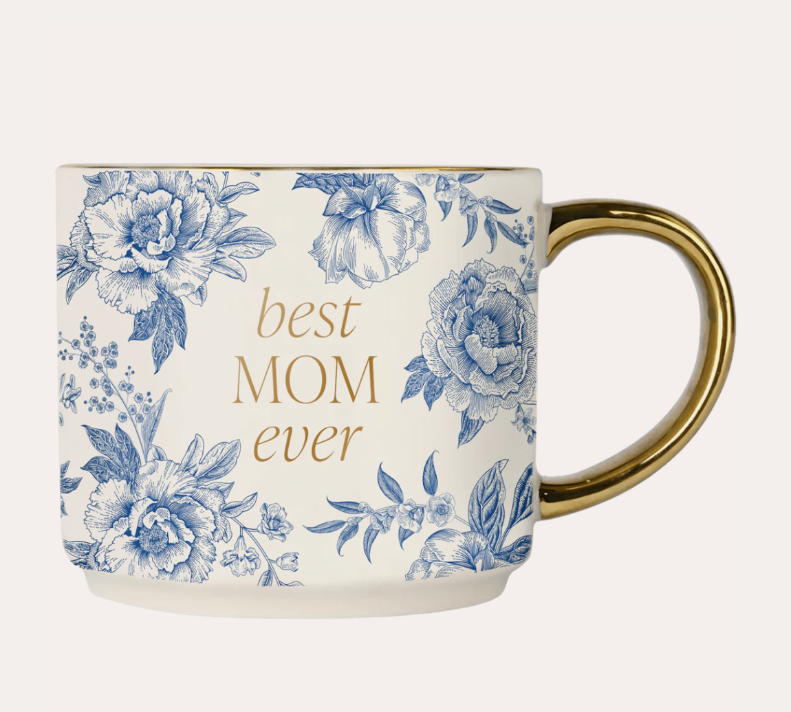 Best Mom Ever Blue Floral/ Gold Handle Mug