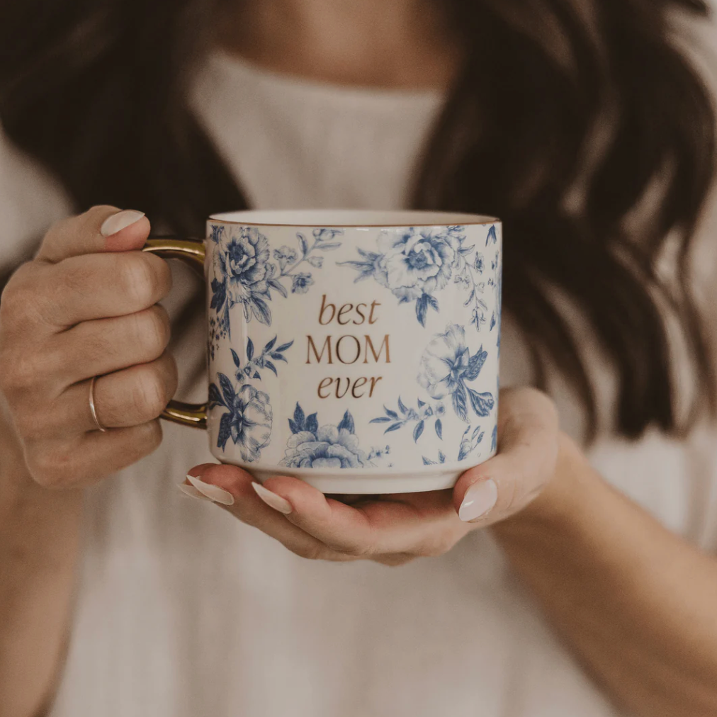 Best Mom Ever Blue Floral/ Gold Handle Mug