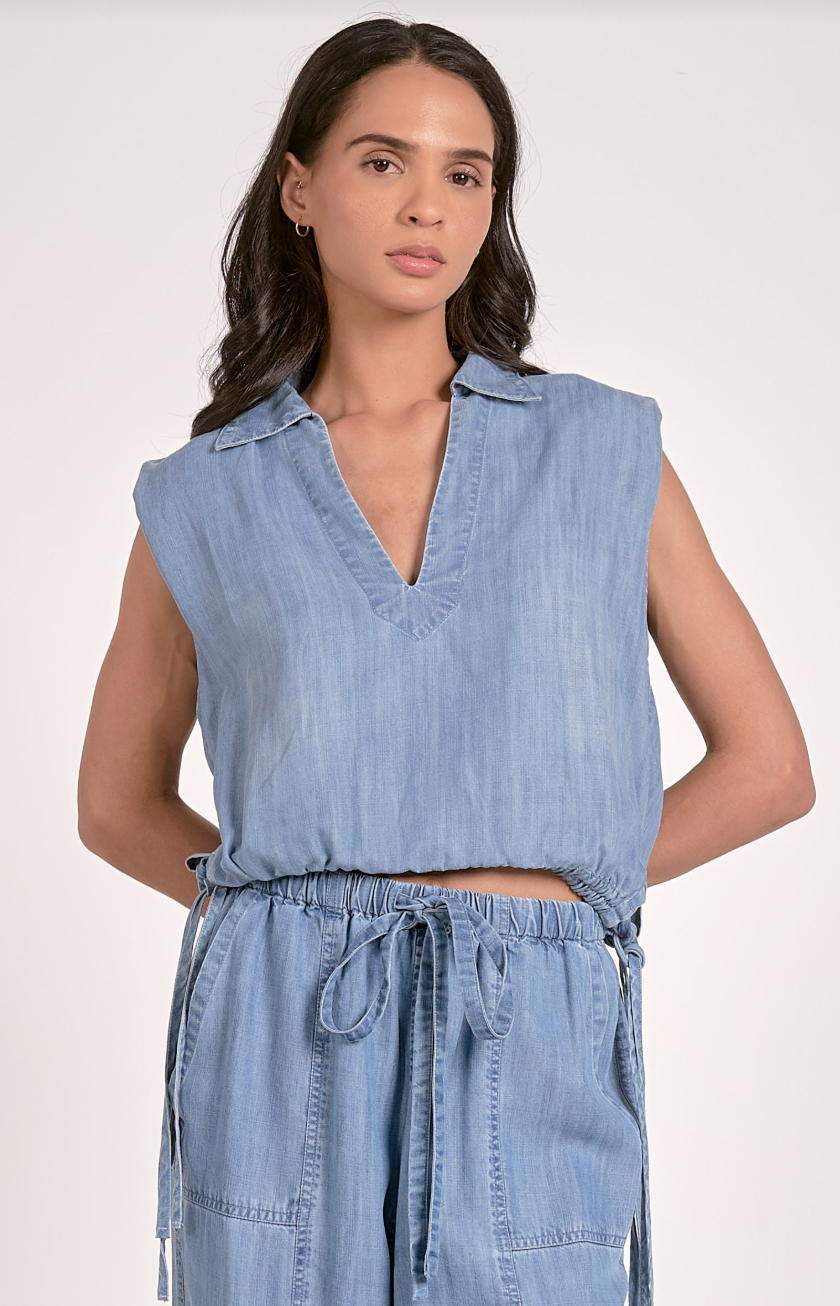 Denim Sleeveless Collared Top