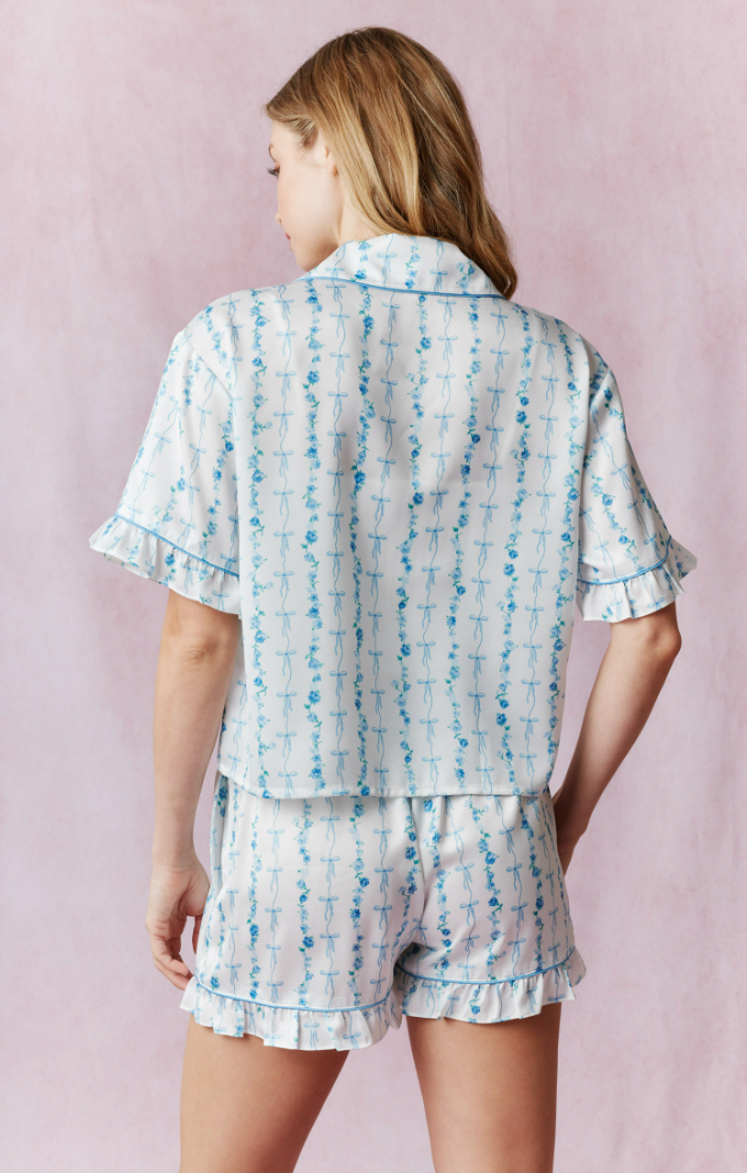 Bow W/ Flower Satin PJ Shorts Set