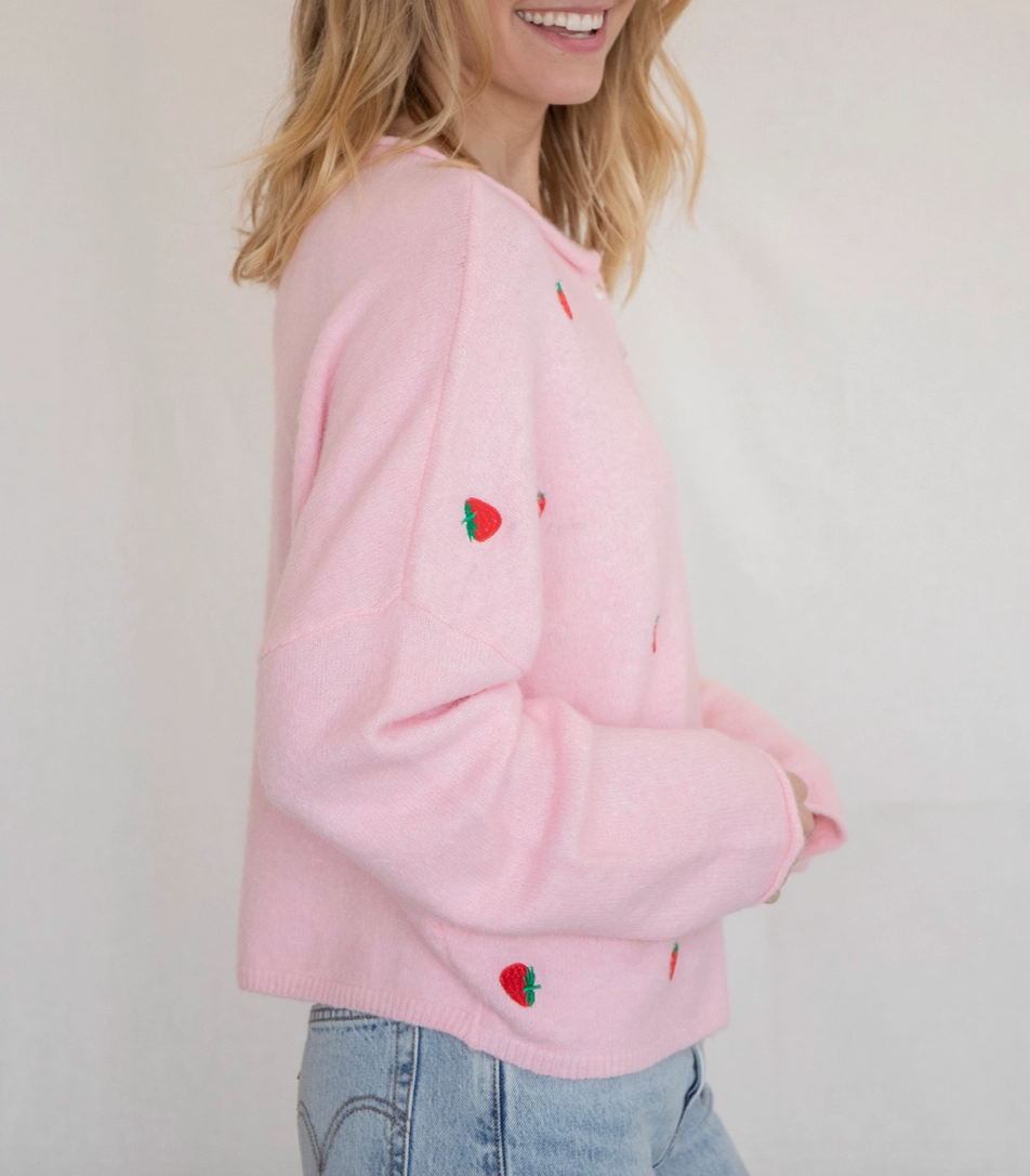 Piper Cardigan - Pink w/ Strawberries