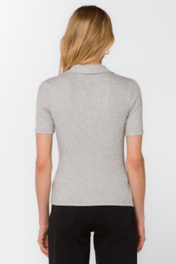 Adrianna Ribbed Polo Tee, Heather Grey