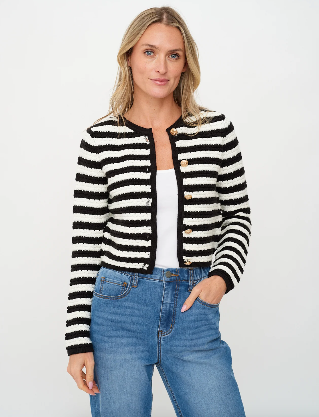 Hannah Striped Cardigan, Black/White