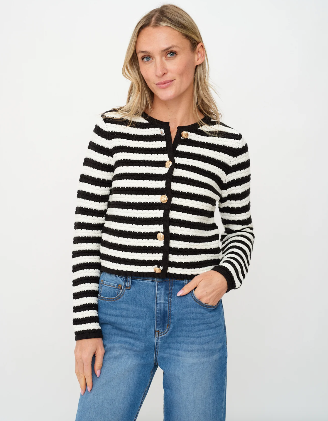 Hannah Striped Cardigan, Black/White