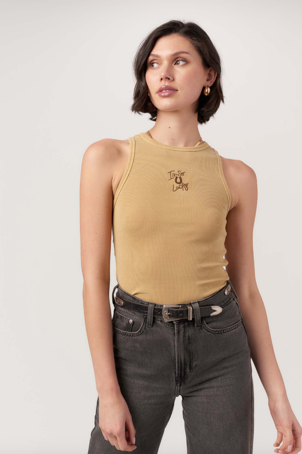 I'm So Lucky Embroidered Tank, iced coffee