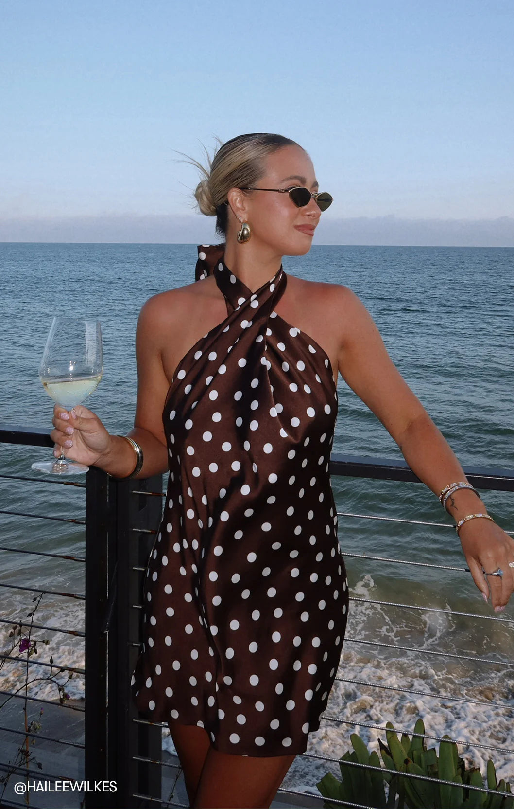 Jasmine Halter Tie Mini Dress, chocolate polka
