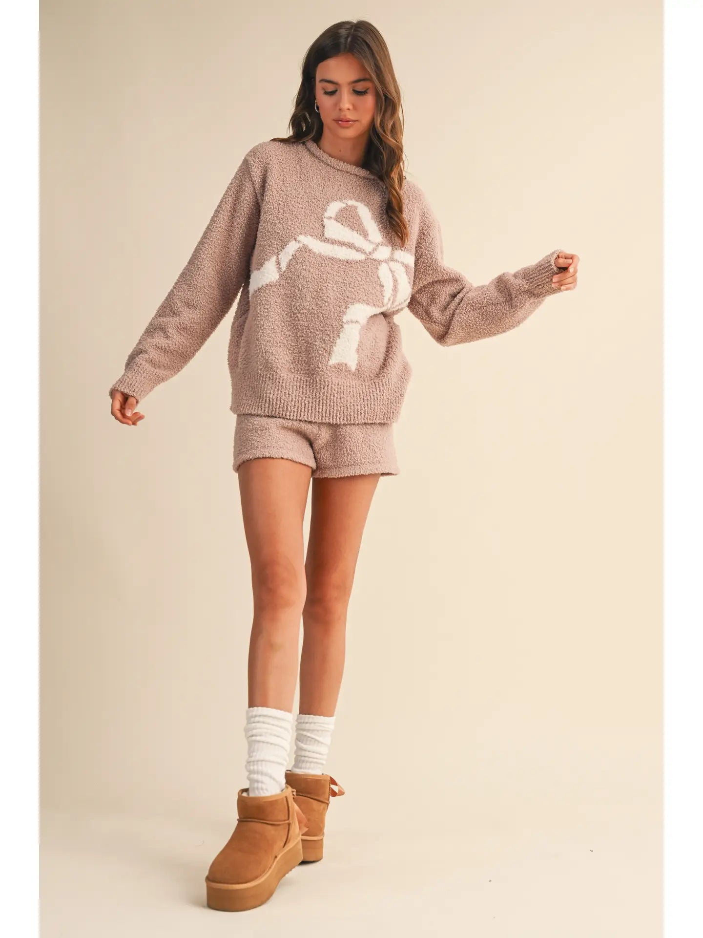 Ribbon Knit Lounge Set - Taupe/Ivory