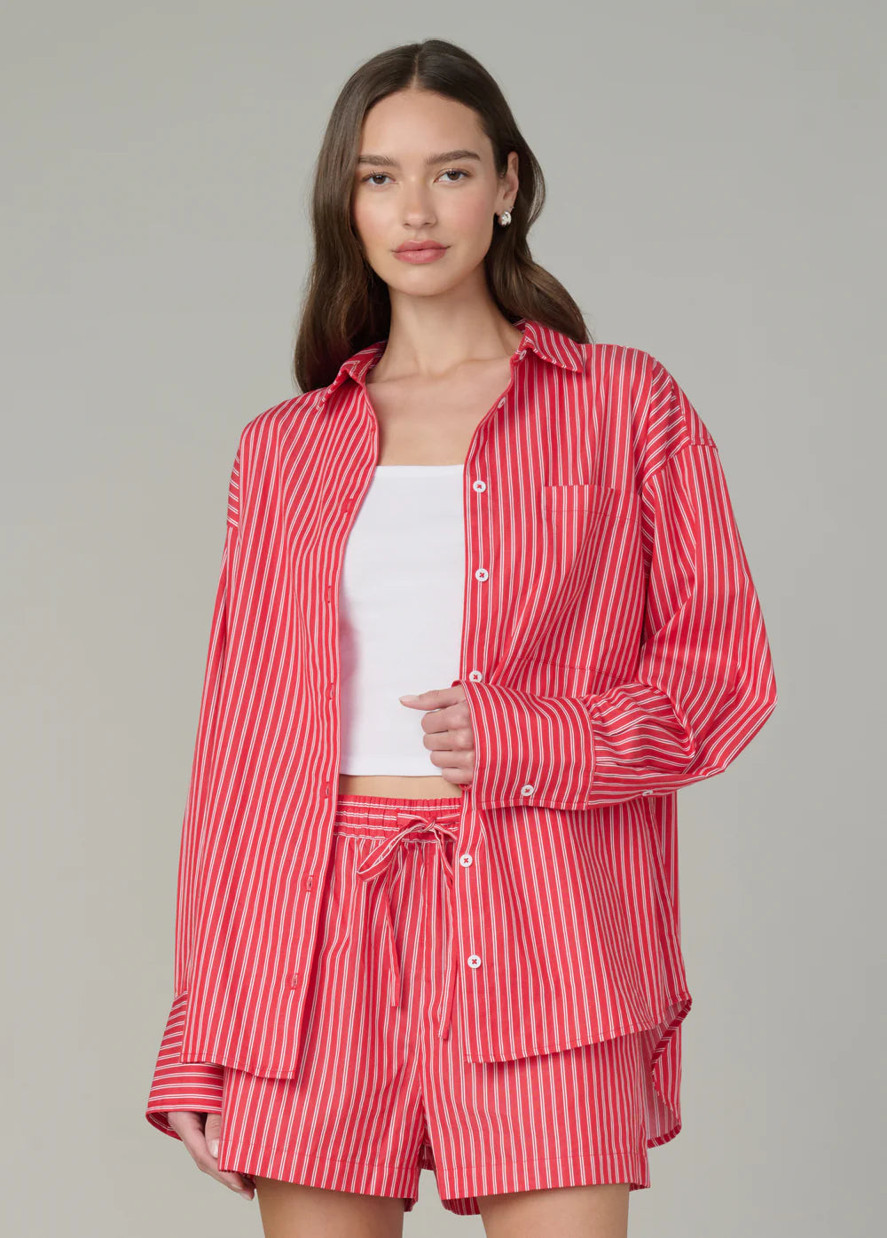 The Boyfriend Button Down - Cherry/White Stripe