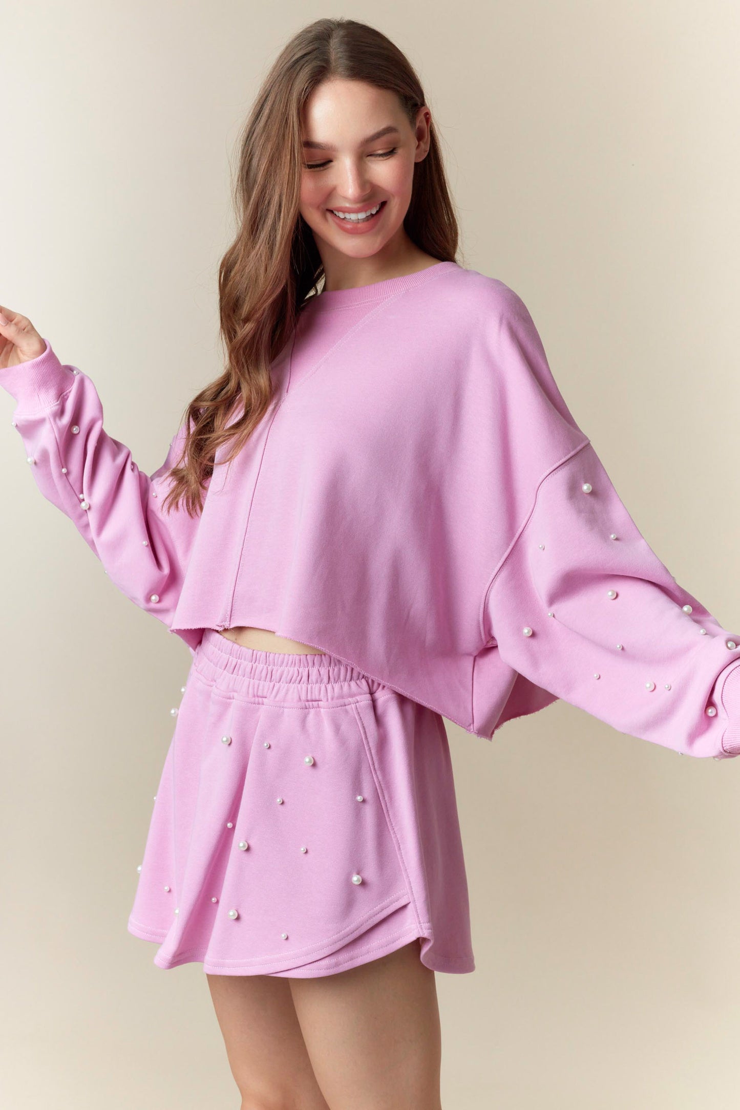 Pearl Embellished Cropped Top, Lipstick Pink