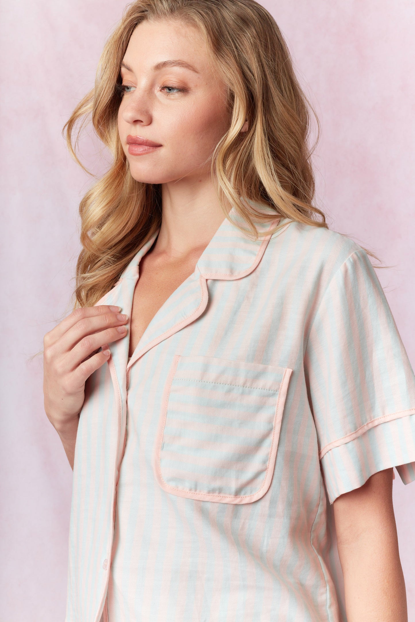Stripe Top & Shorts Pajama Set, Pink/Blue