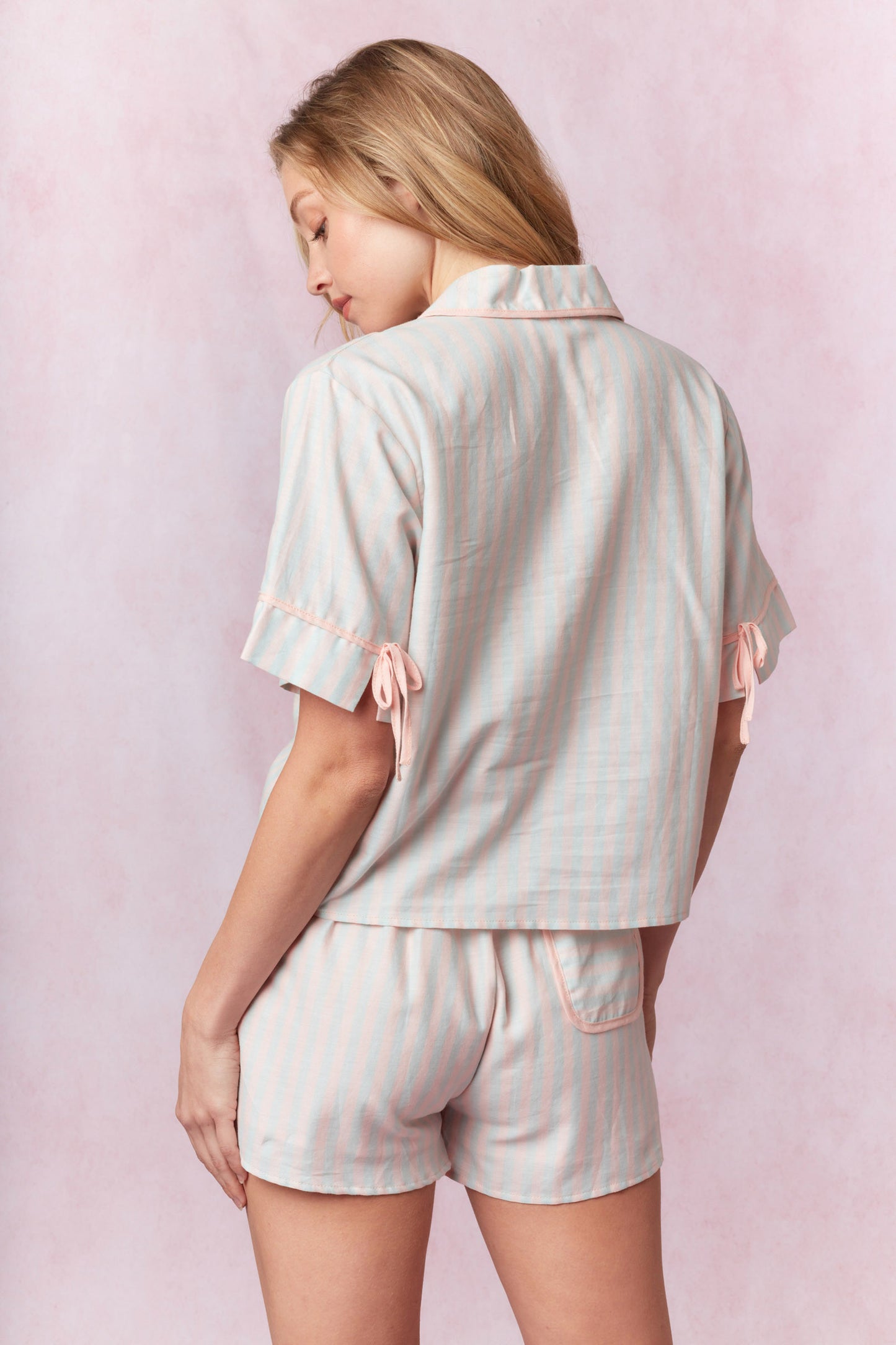 Stripe Top & Shorts Pajama Set, Pink/Blue