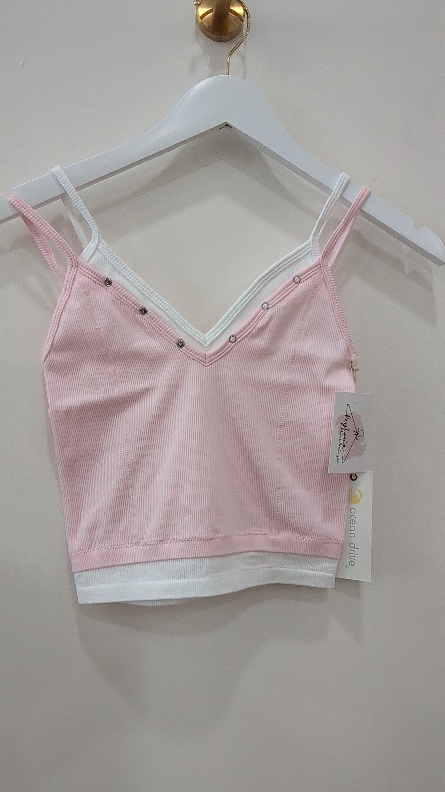 Powder pink with white layered v-neck