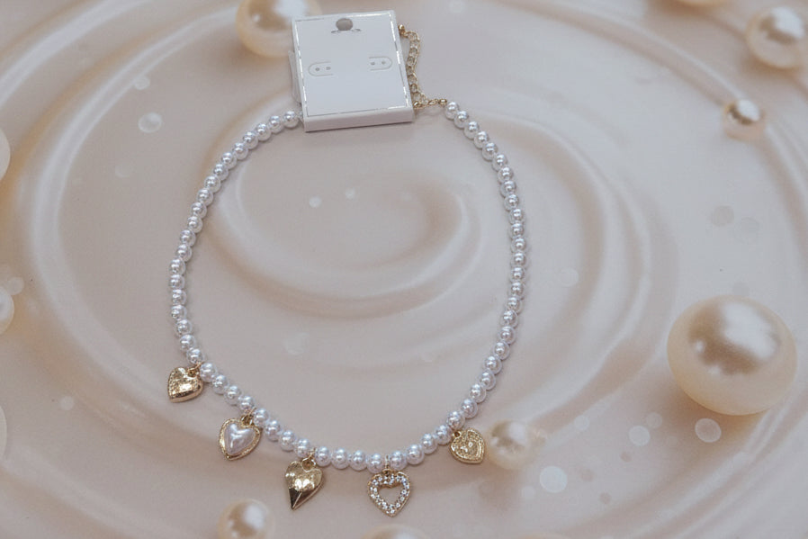 Pearl Beaded with Heart Charm Necklace