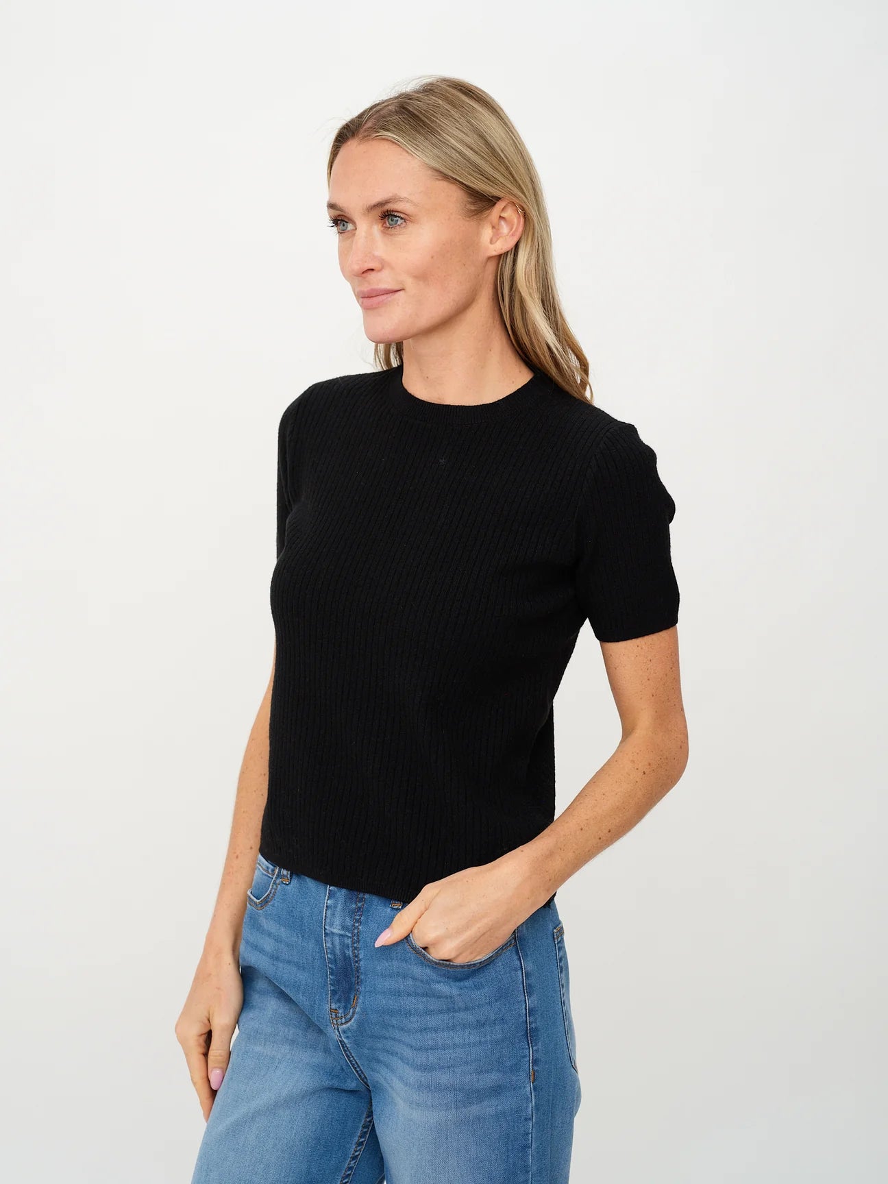 Cara Ribbed Short Sleeve Sweater, Black