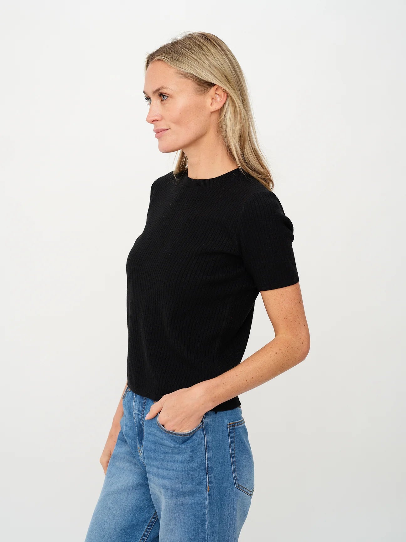 Cara Ribbed Short Sleeve Sweater, Black