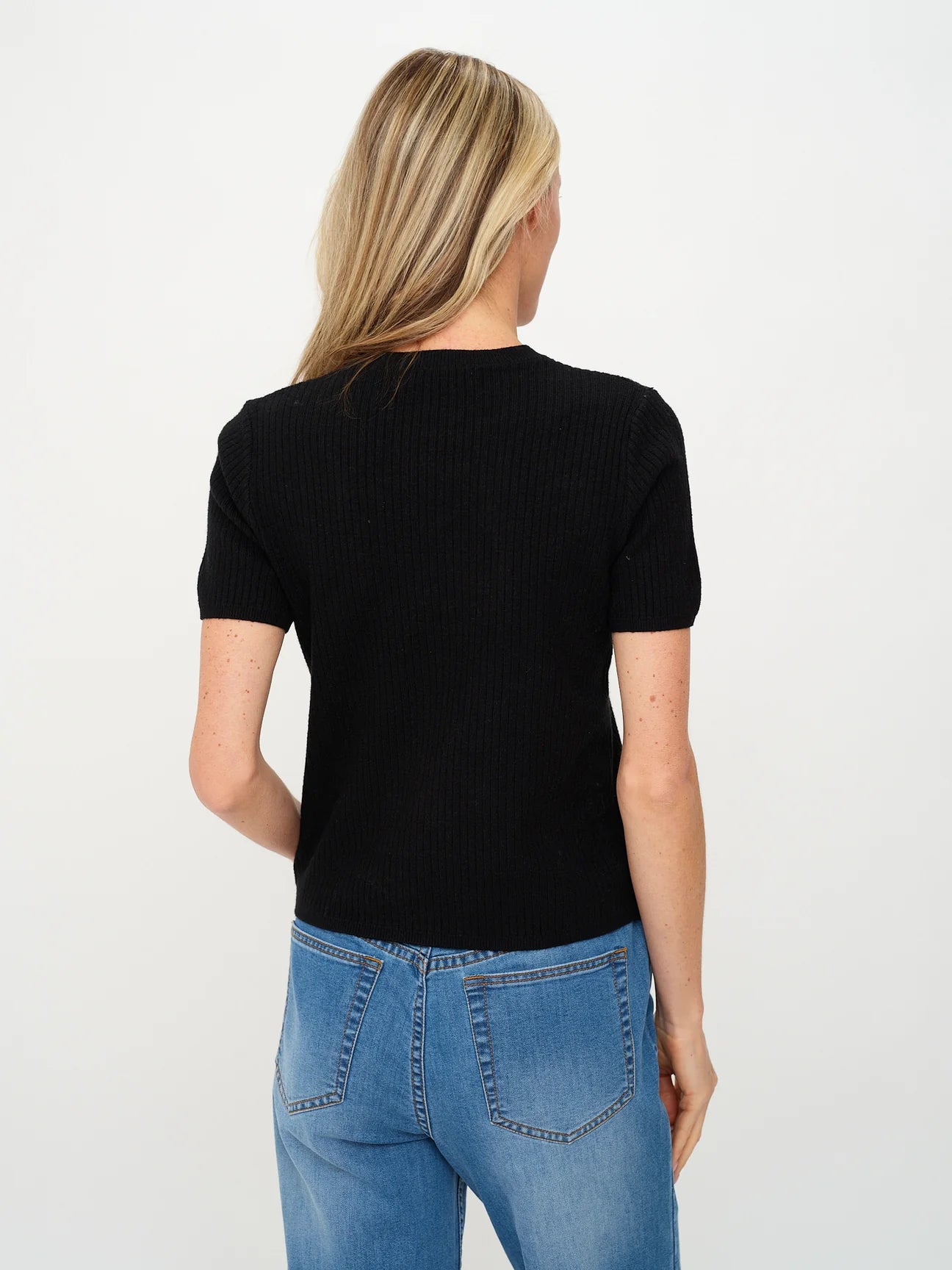 Cara Ribbed Short Sleeve Sweater, Black