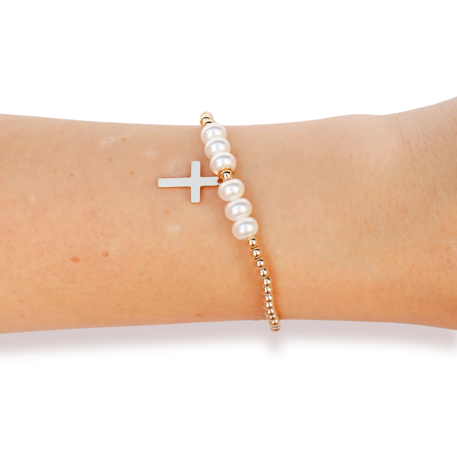 Cross + Pearl Gold Charm Bracelet