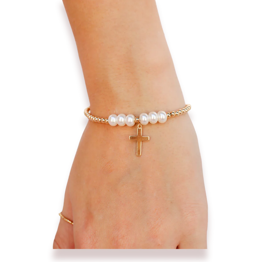 Cross + Pearl Gold Charm Bracelet