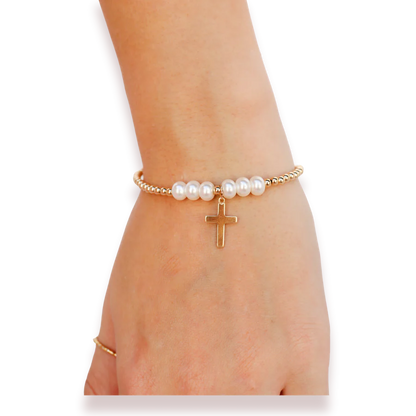 Cross + Pearl Gold Charm Bracelet