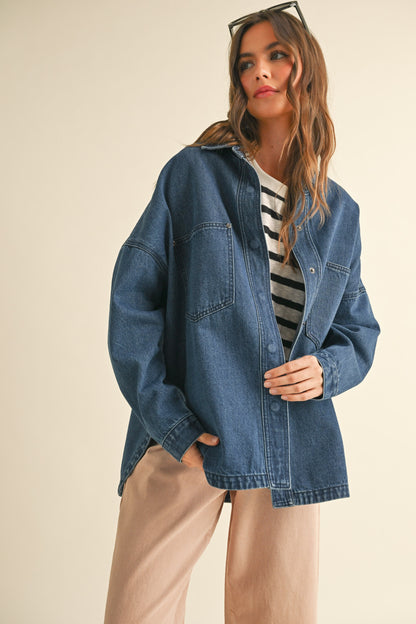 Washed Snap Button Denim Shacket, Dark Denim