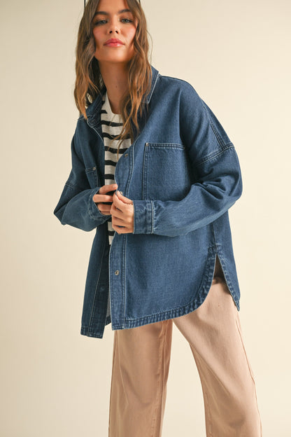 Washed Snap Button Denim Shacket, Dark Denim
