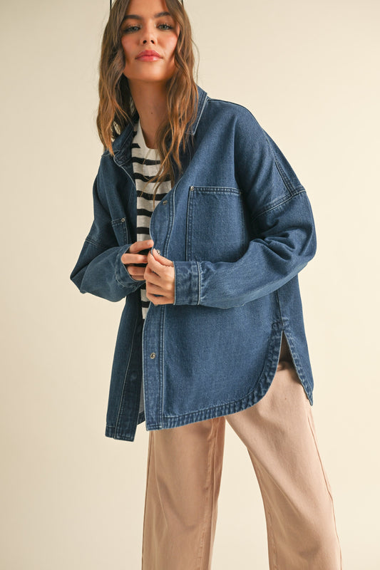 Washed Snap Button Denim Shacket, Dark Denim