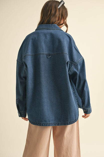 Washed Snap Button Denim Shacket, Dark Denim