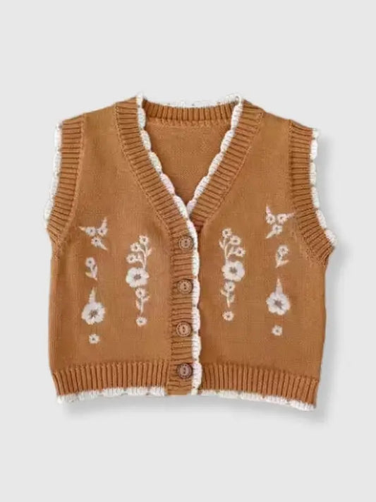 Baby Cotton Knit Sweater Vest Floral Emb.