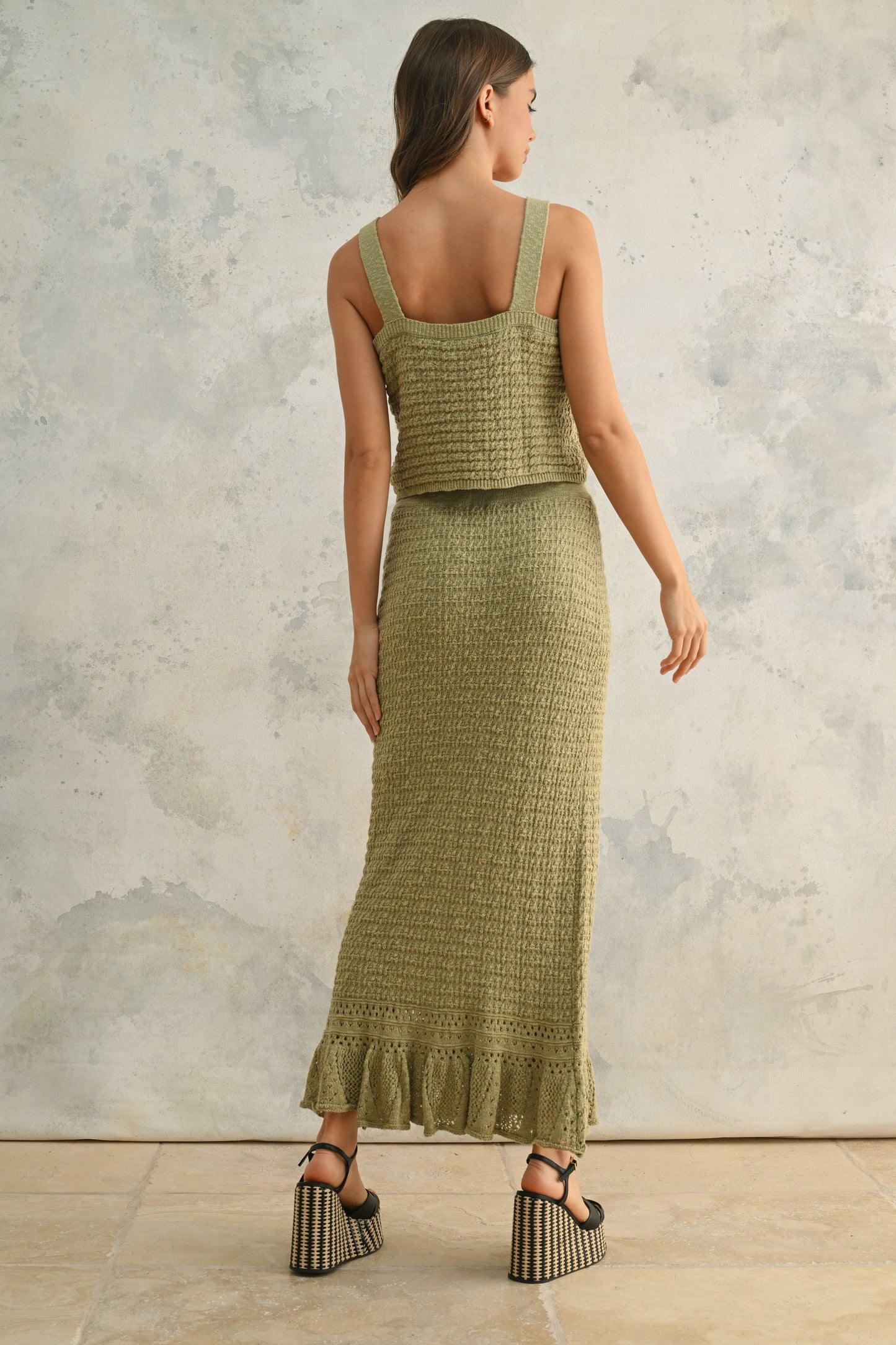 Sage Crochet Knitted Crop Top & Skirt Set