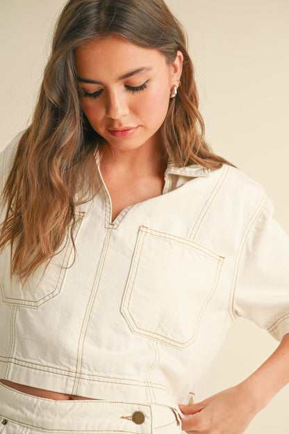 Stitch Detail Cropped Short Sleeve