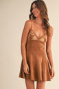 Suede Embroidery Mini Dress, Camel