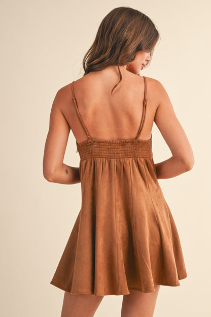 Suede Embroidery Mini Dress, Camel