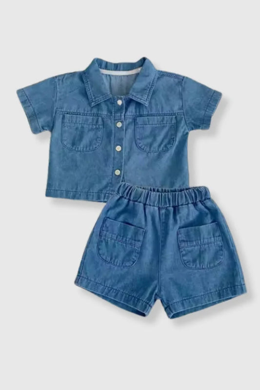 Denim Collared Two-Piece Set