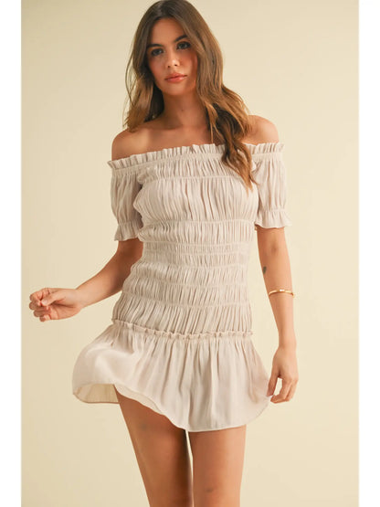 Puff Sleeve Off Shoulder Smocking Dress - Navy