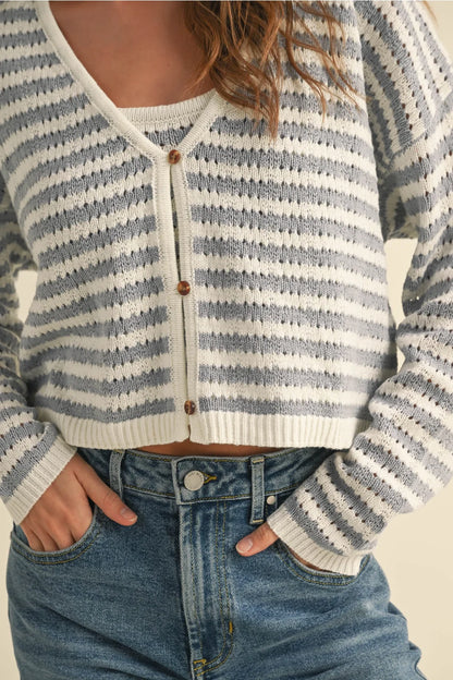 Crochet Knitted Cardigan, Blue/White