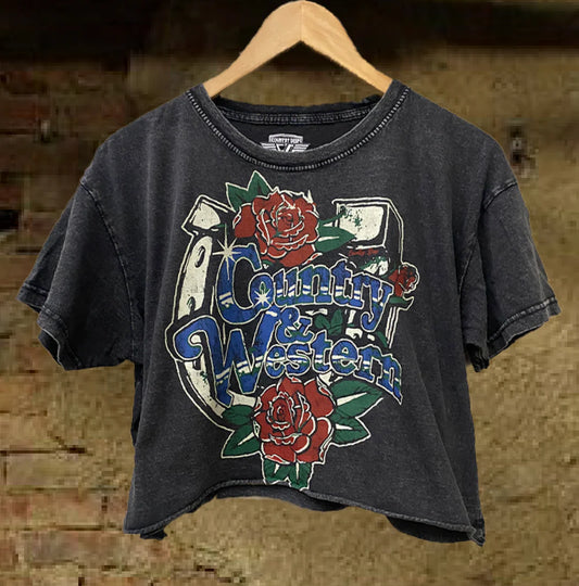 Country & Western Horseshoe Crop Tee, Acid Black